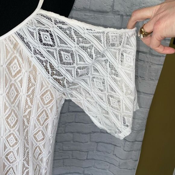 Express women M cold shoulder spaghetti strap white lace dress w/tan lining - Picture 7 of 12